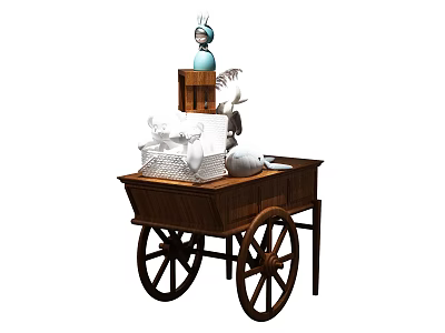 Wooden Island Cabinet With Wheels Featuring White Swan Ornament And Blue Statue 3d model
