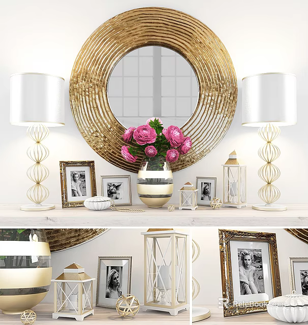 Elegant Decorative Ornament Combination With Golden Mirror White Lamps Pink Flowers And Photo Frames 3d model 