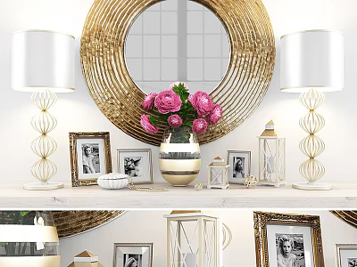 Elegant Decorative Ornament Combination With Golden Mirror White Lamps Pink Flowers And Photo Frames 3d model