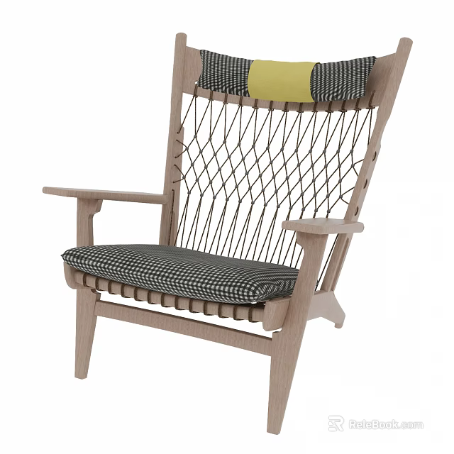 Wooden Frame Leisure Chair With Woven Net Back And Black White Checkered Seat Cushion 3d model 