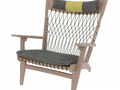 Wooden Frame Leisure Chair With Woven Net Back And Black White Checkered Seat Cushion 3d model