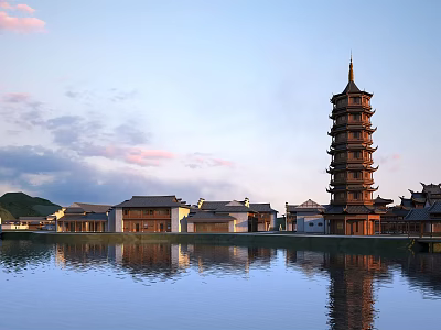 Ancient Chinese Architecture With Multi story Traditional Pagoda And Waterfront Buildings Featuring Sunset Reflection In Water 3d model