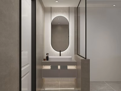 Modern Bathroom Interior Design With Round Mirror Marble Vanity And Soft Lighting Fixtures 3d model