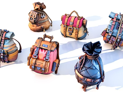 Colorful Vintage Luggage Bags With Various Straps Buckles And Drawstring Designs 3d model