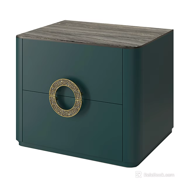 Elegant Dark Green Nightstand with Gold Circular Handle and Wooden Top 3d model 