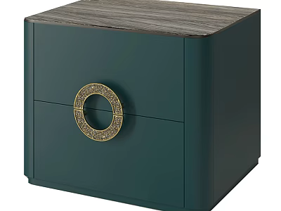 Elegant Dark Green Nightstand with Gold Circular Handle and Wooden Top 3d model