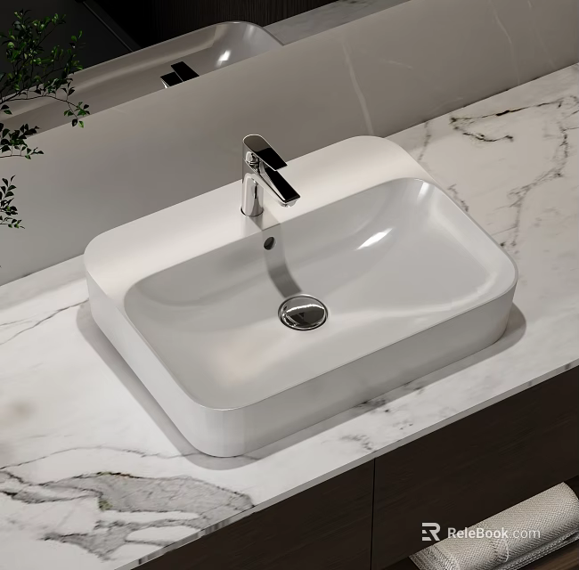 White Square Washbasin On Marble Countertop With Silver Faucet And Green Plant 3d model 