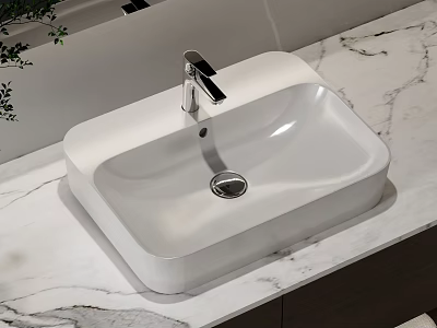 White Square Washbasin On Marble Countertop With Silver Faucet And Green Plant 3d model
