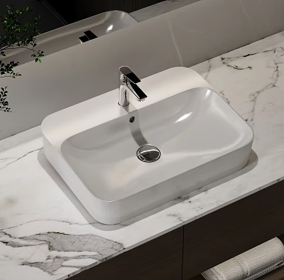 White Square Washbasin On Marble Countertop With Silver Faucet And Green Plant 3d model