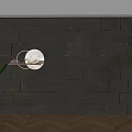 Dark Stone Tile Accent Wall With Embedded LED Lights Gold Frame Green Plant Herringbone Floor