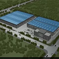 Modern Industrial Factory Building With Blue Roof Green Surroundings And Roads