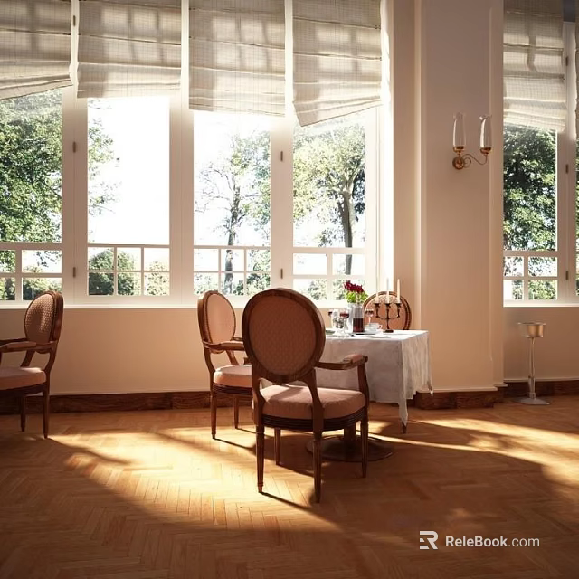 Bright Dining Room Dining Table Set With Chairs Tablecloth And Natural Light Through Large Windows 3d model