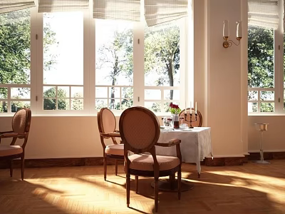 Bright Dining Room Dining Table Set With Chairs Tablecloth And Natural Light Through Large Windows 3d model