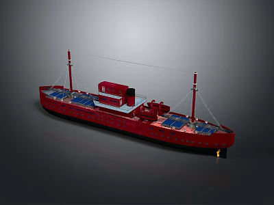 Red Water Transport Boat Featuring Solar Panels on Deck and Chimney Hull Design 3d model