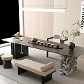 Modern Long Tea Table And Chairs With Tea Set Stools And Green Plant 3d model