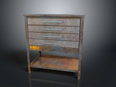 Rusty Chest of Drawers with Multiple Drawers Bottom Shelf and Yellow RAWAL Label 3d model