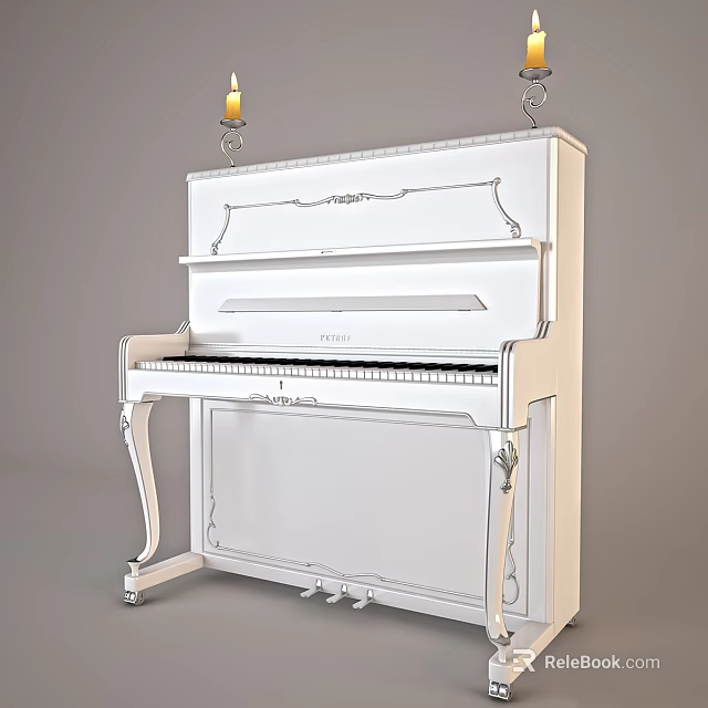 Elegant White Upright Piano With Intricate Carved Details And Candle Lights On Top 3d model 