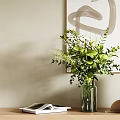 Decorative Ornament Set On Wooden Shelf With Abstract Painting Greenery Vase Books Small Potted Plant