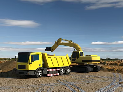 Yellow Dump Truck And Excavator Working On Construction Dirt Site 3d model