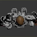 Futuristic Game Movie Character In Silver Mechanical Armor With Blue Glowing Core And Weapon