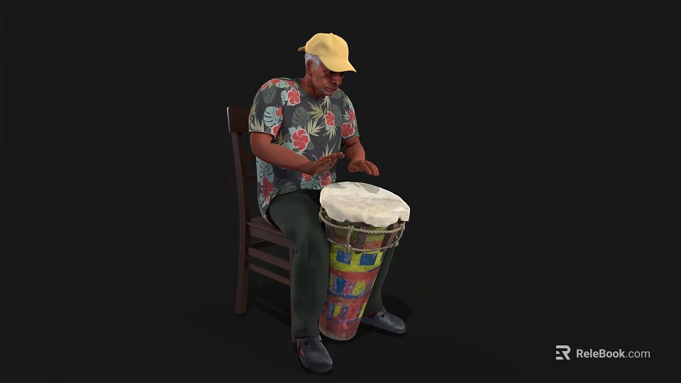 Man in Yellow Cap and Floral Shirt Sitting on Chair Playing Colorful Drum 3d model 