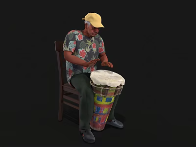 Man in Yellow Cap and Floral Shirt Sitting on Chair Playing Colorful Drum 3d model