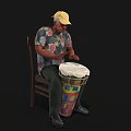 Man in Yellow Cap and Floral Shirt Sitting on Chair Playing Colorful Drum