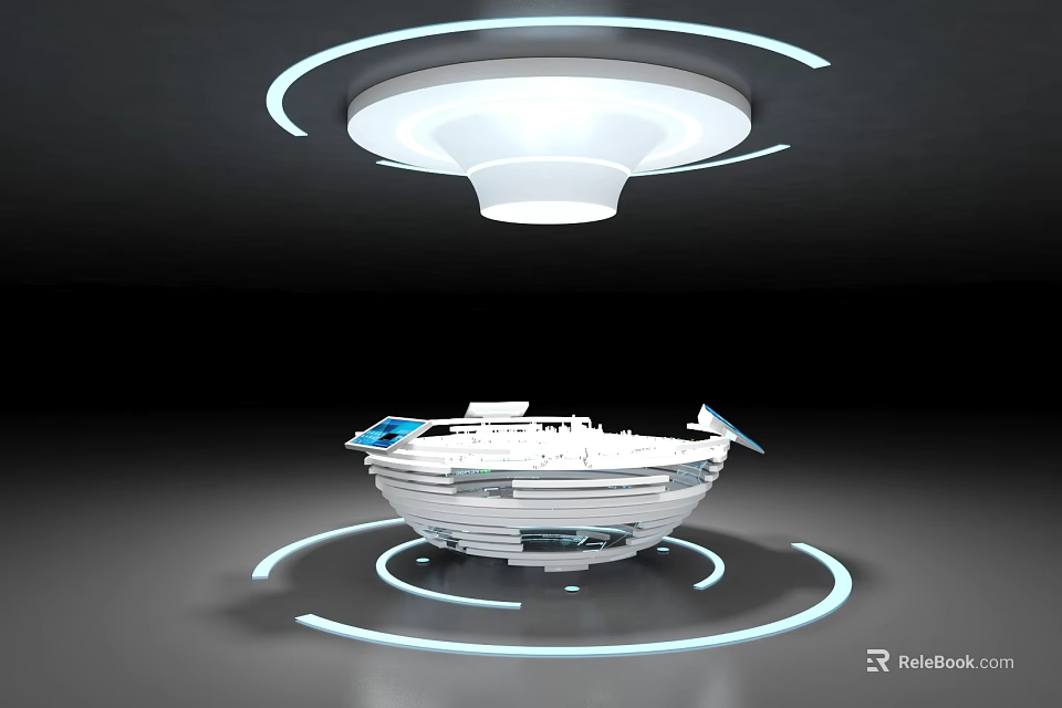 Futuristic Architectural Model With White Structure Glowing Circular Lights And Blue Base 3d model 