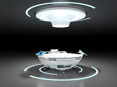 Futuristic Architectural Model With White Structure Glowing Circular Lights And Blue Base 3d model
