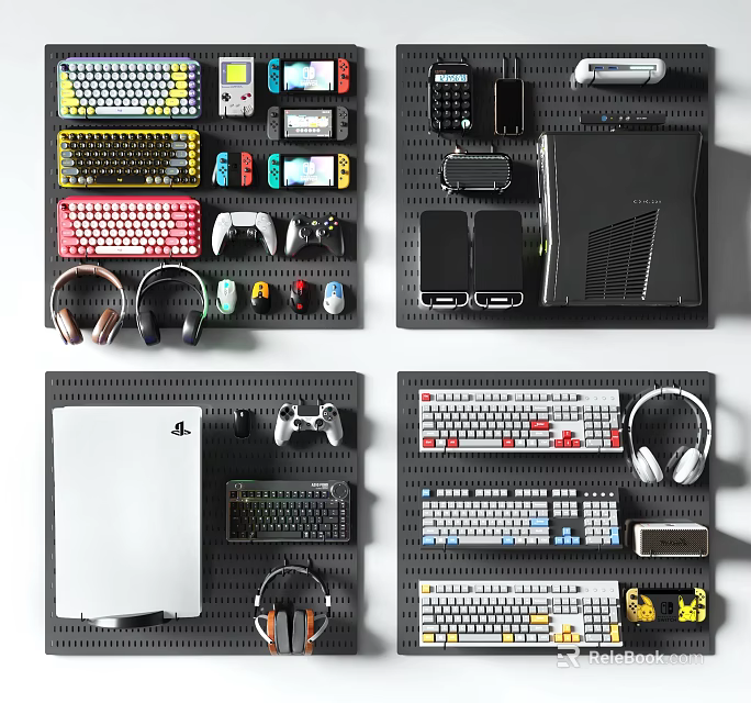 Organized Entertainment Electronics With Gaming Consoles Headphones Keyboards On Black Pegboards 3d model 
