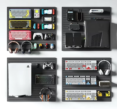 Organized Entertainment Electronics With Gaming Consoles Headphones Keyboards On Black Pegboards 3d model