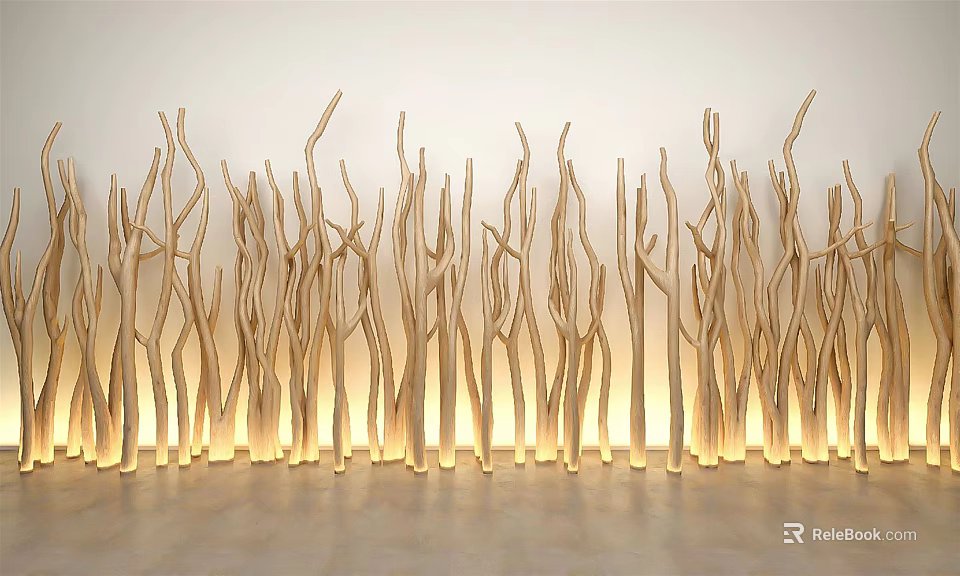 Natural Wood Branch Decor With Stone Floor And Soft Lighting Background Setting 3d model 