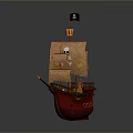 Red Hull Pirate Ship Model With Brown Sails And Black Skull Flag 3d model