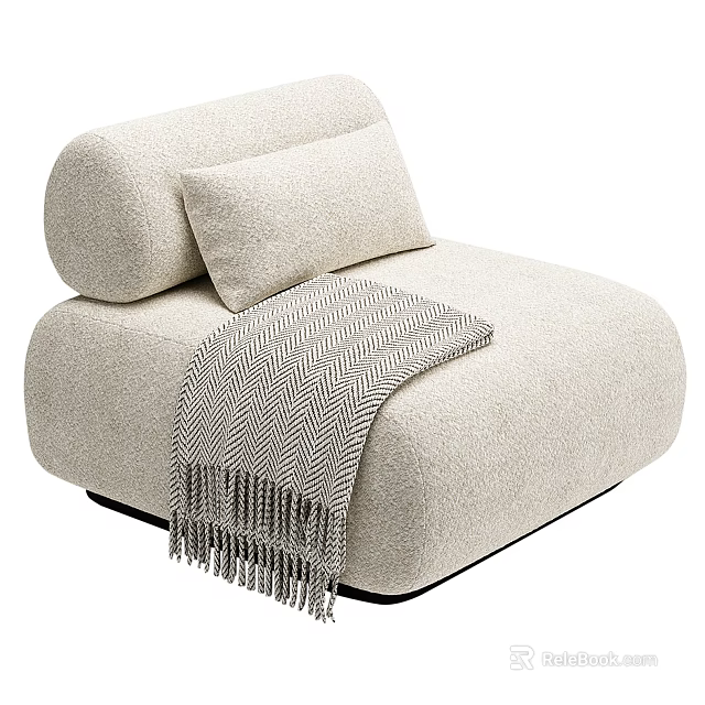 Modern Minimalist Beige Upholstered Single Sofa With Accent Pillow And Herringbone Pattern Throw Blanket 3d model 
