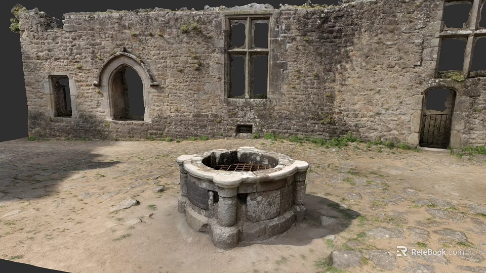Stone Detached Villa Exterior With Arched Doorway Large Windows And Circular Well 3d model 