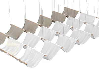 Layered Ceiling Drapery with White and Light Gray Fabric Hanging on Wooden Poles 3d model