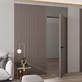 Modern Living Room Interior With Gray Hinged Door Striped Panels Sofa And Marble Sculpture