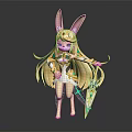 Game Movie Character With Rabbit Ears Long Golden Hair White Outfit Green Decor Star Shield