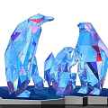 Geometric Iridescent Penguin Sculptures with Star Details and Glowing Ice Chunks on Dark Background