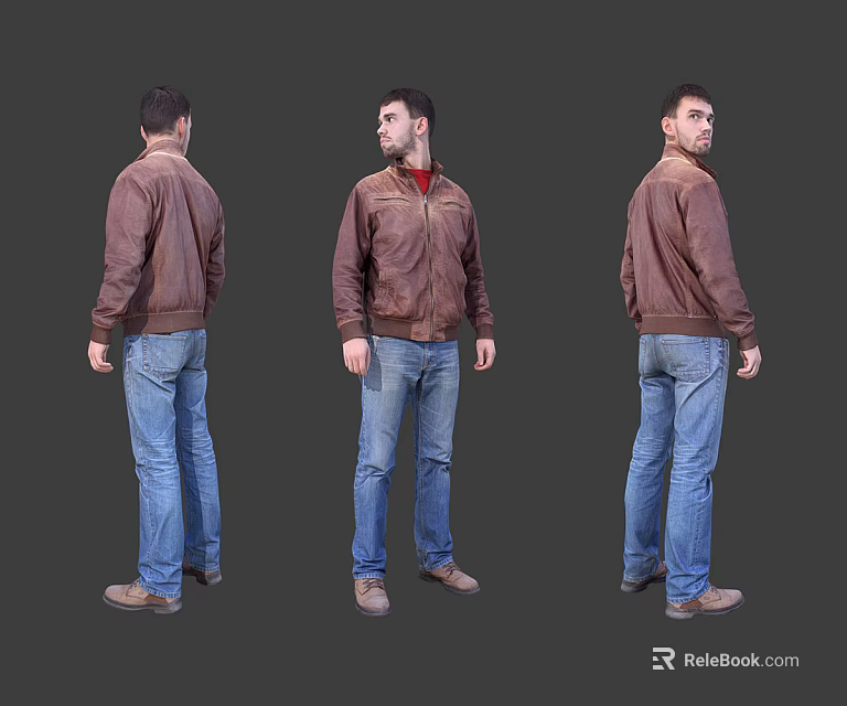 Man in Brown Leather Jacket Red Inner Layer Blue Jeans Brown Shoes Three Angles Gray Background 3d model 