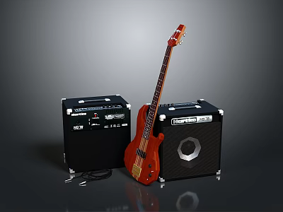 Electric Bass Guitar With Two Black Music Amplifiers And Audio Equipment Setup 3d model