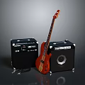 Electric Bass Guitar With Two Black Music Amplifiers And Audio Equipment Setup