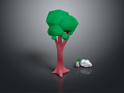 Cartoon Low Poly Tree With Pink Trunk Green Foliage And White Rocks 3d model