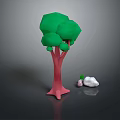 Cartoon Low Poly Tree With Pink Trunk Green Foliage And White Rocks 3d model