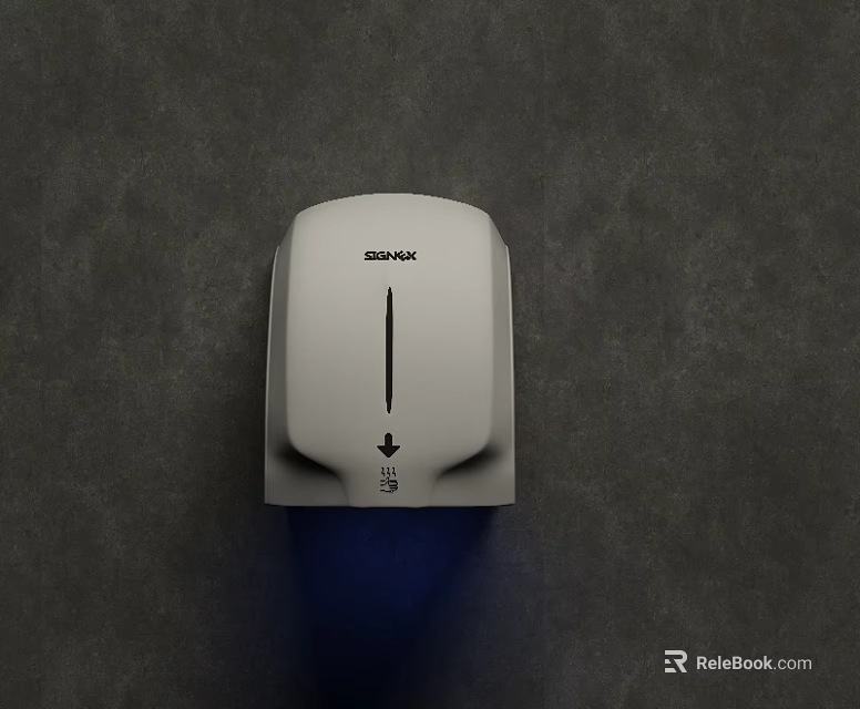 Public Restroom White SSWW Hand Dryer with Blue Airflow on Gray Wall 3d model 