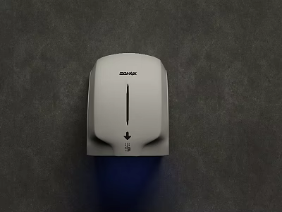 Public Restroom White SSWW Hand Dryer with Blue Airflow on Gray Wall 3d model