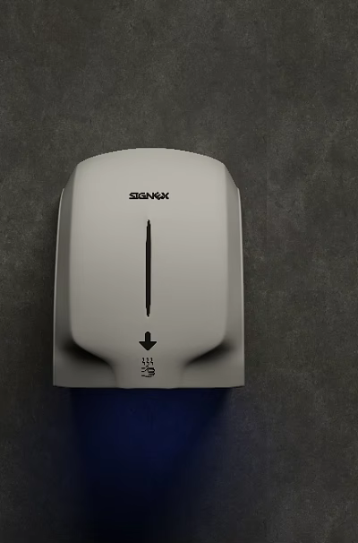Public Restroom White SSWW Hand Dryer with Blue Airflow on Gray Wall 3d model