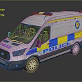 White Police Van With Blue Yellow Stripes And Emergency Lights