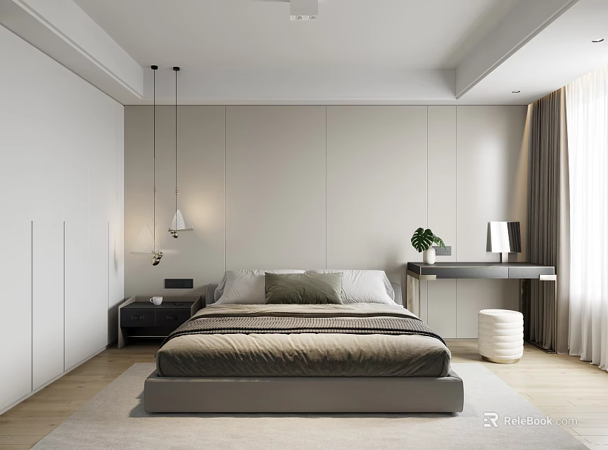 Modern Bedroom Interior Design With Comfortable Bed Nightstand And Pendant Lights 3d model