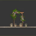 Park Landscape With Orange Archway Green Plants Pink Purple Flowers Golden Lanterns On Stone Platform